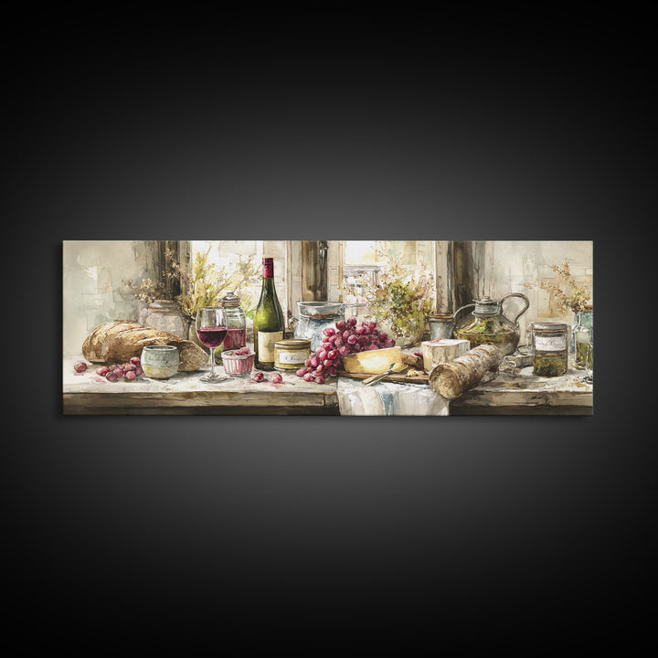 Wine Bottle Grapes and Cheese Still Life Canvas Print, Kitchen Art, Home Decor, Kitchen Decor, Fine Art, Kitchen, Digital Print, KIT-3x1-76