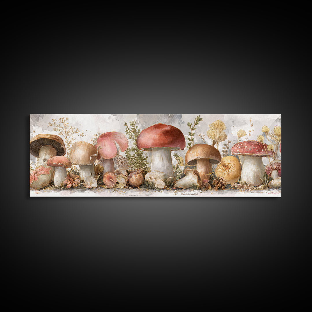 Mushrooms and Thyme Botanical Study Framed Canvas Print, Kitchen Art, Art Deco, Kitchen Decor, Watercolor Art, Kitchen, KIT-3x1-79