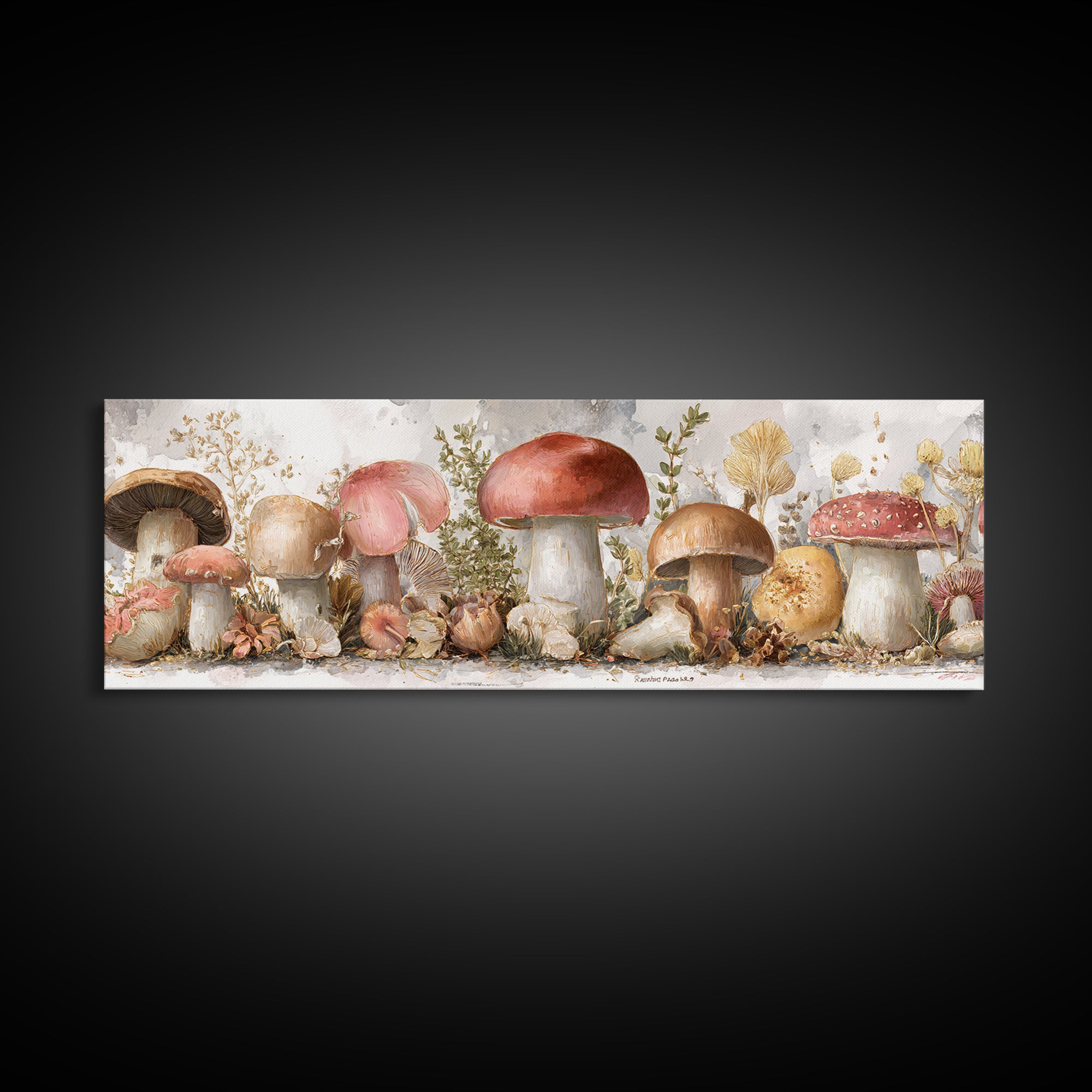 Mushrooms and Thyme Botanical Study Framed Canvas Print, Kitchen Art, Art Deco, Kitchen Decor, Watercolor Art, Kitchen, KIT-3x1-79