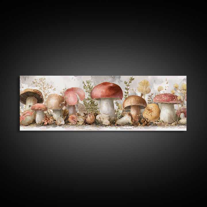 Mushrooms and Thyme Botanical Study Framed Canvas Print, Kitchen Art, Art Deco, Kitchen Decor, Watercolor Art, Kitchen, KIT-3x1-79
