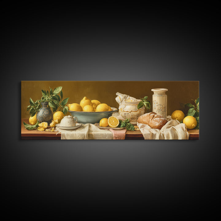 Pasta Lemons and Basil Mediterranean Still Life Framed Canvas Print, Kitchen Art, Coffee Art, Kitchen Decor, Fine Art, Kitchen, KIT-3x1-81