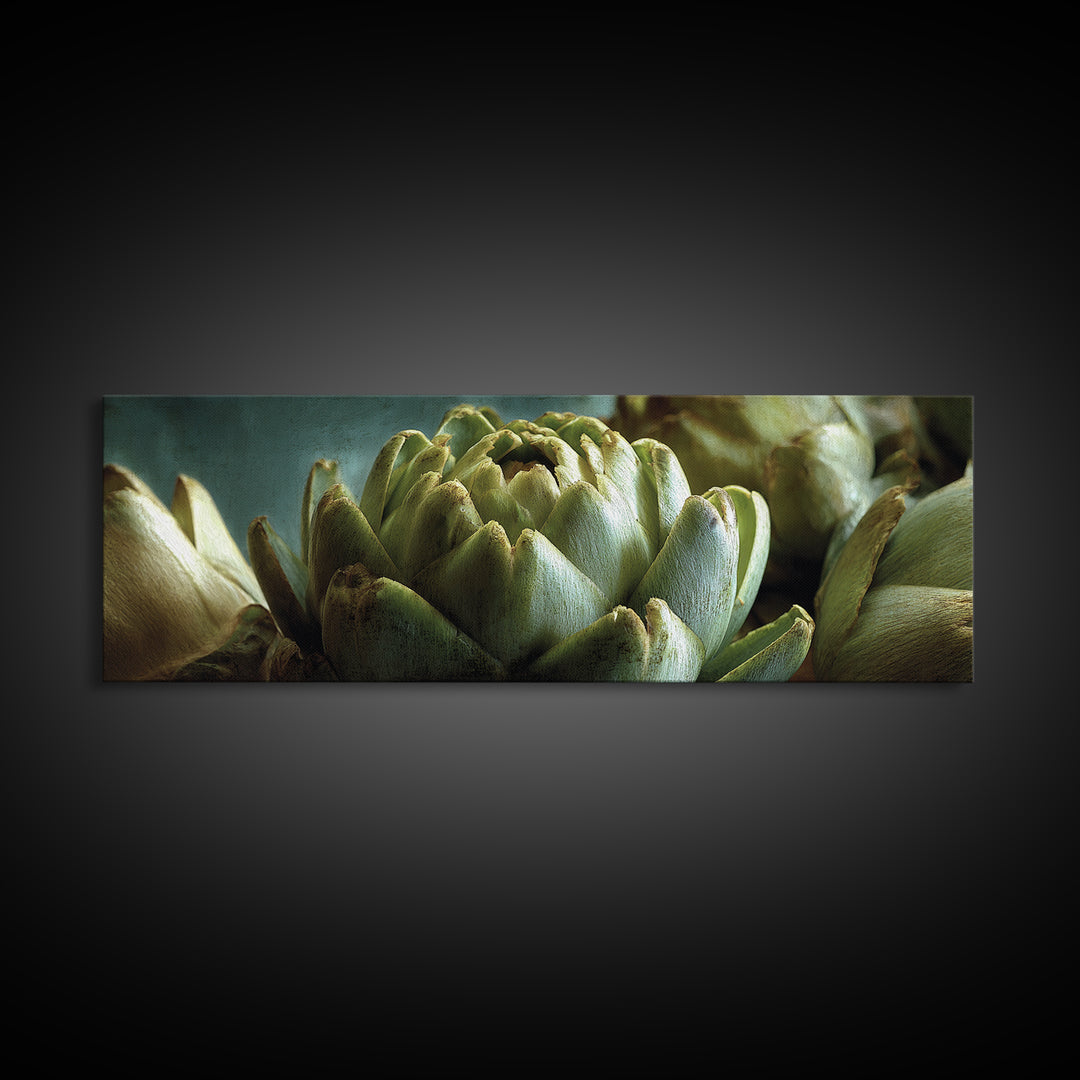 Artichoke Closeup in Painterly Green Tones Framed Canvas Print, Kitchen Art, Kitchen, Kitchen Decor, Fine Art, Kitchen, KIT-3x1-84