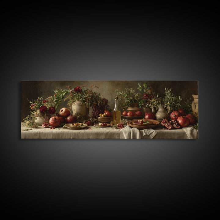 Figs Pomegranates and Linen Composition Canvas Print, Kitchen Art, Digital Wall Art, Kitchen Decor, Abstract Art, Kitchen, KIT-3x1-86