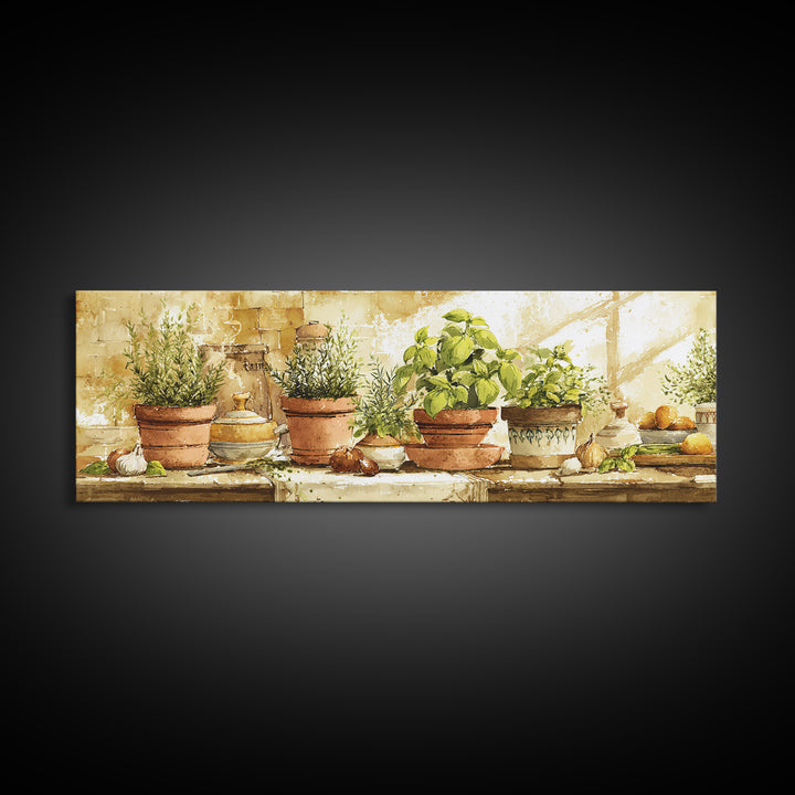Fresh Herbs in Terracotta Pots Framed Canvas Print, Kitchen Art, Kitchen Art Print, Kitchen Decor, Oil Painting, Kitchen, KIT-3x1-89