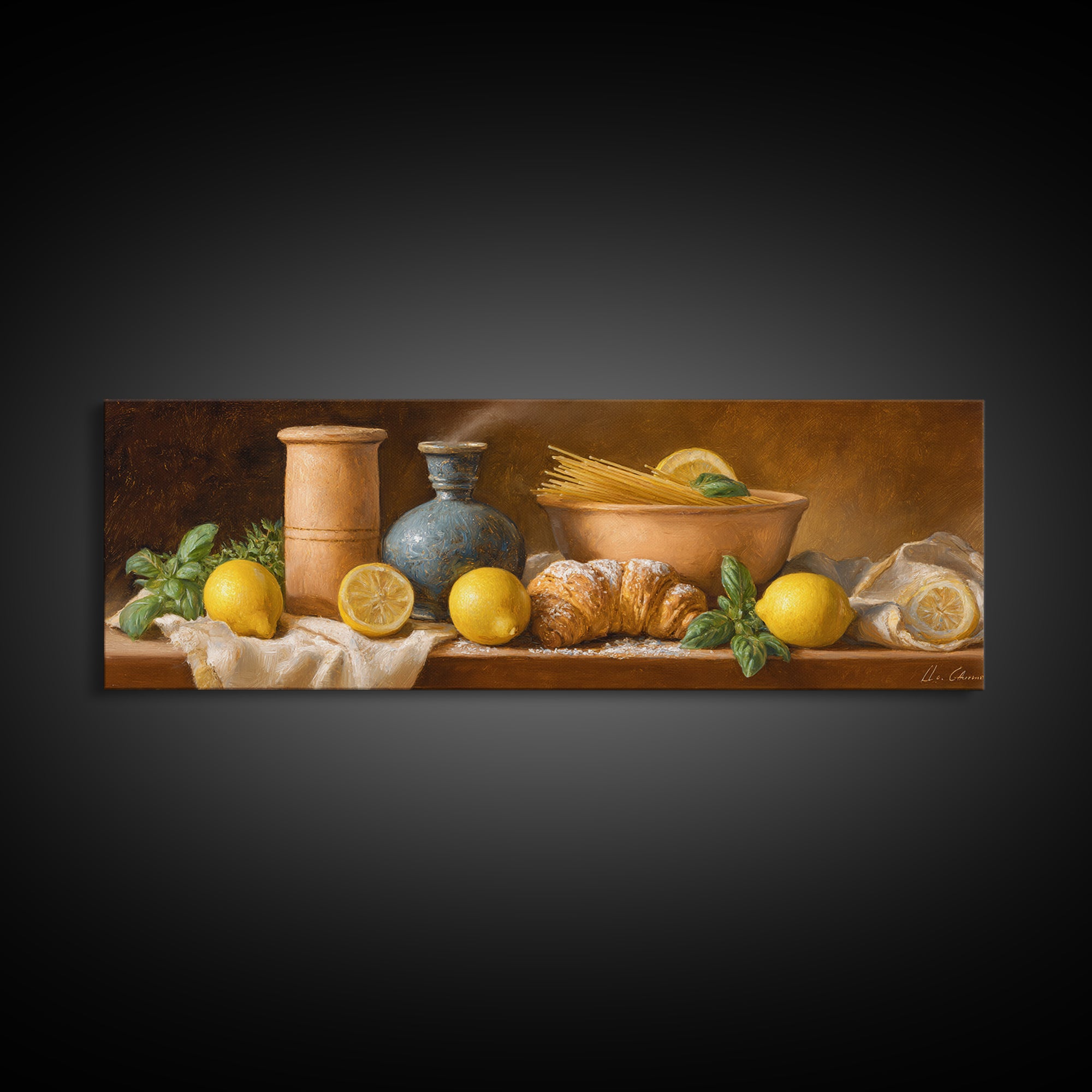 Pasta Lemons and Basil Mediterranean Still Life Framed Canvas Print, Kitchen Art, Digital Wall Art, Kitchen Decor, Kitchen, KIT-3x1-9