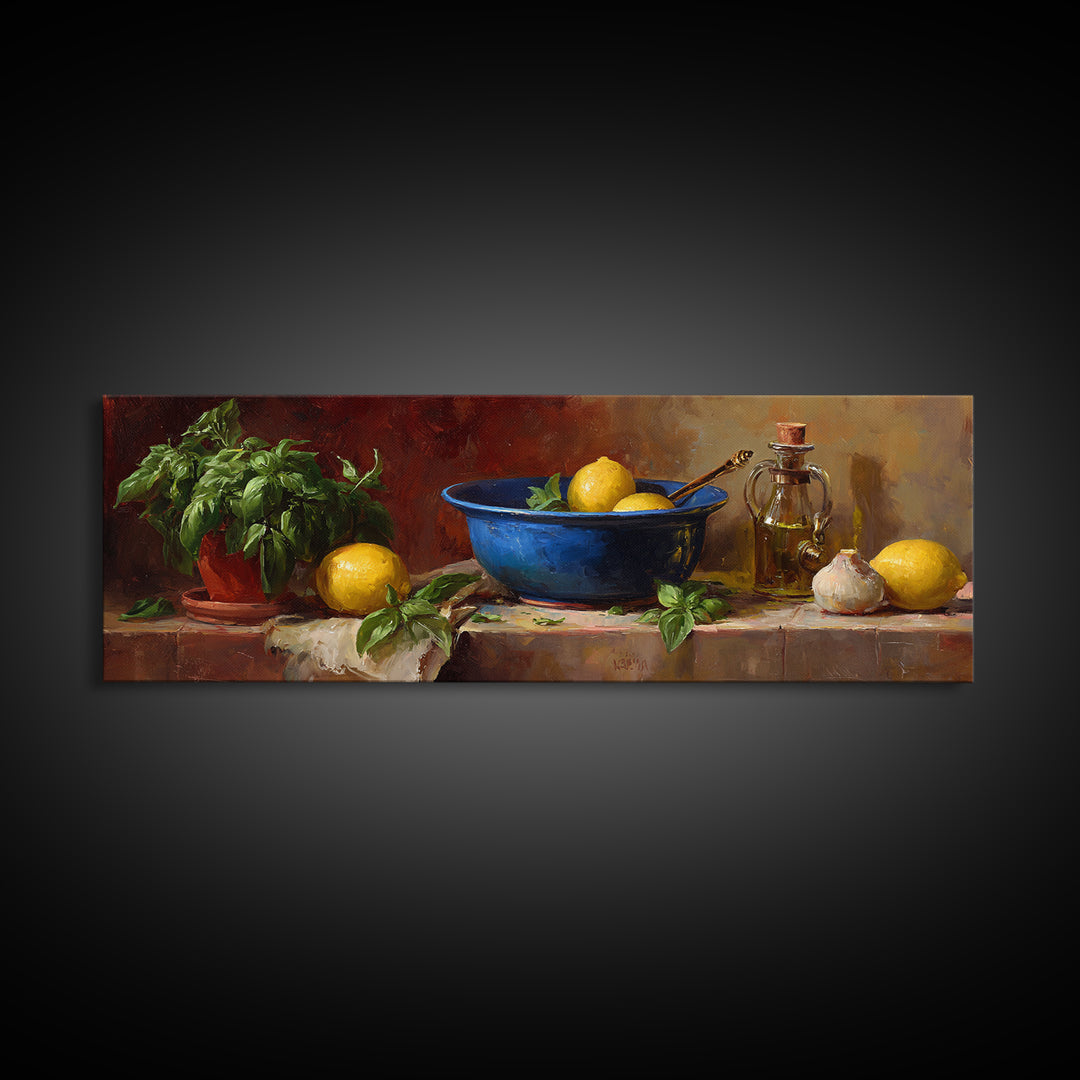 Lemons and Blue Ceramic Bowl Still Life Framed Canvas Print, Kitchen Art, Minimalist Wall Art, Kitchen Decor, Fine Art, Kitchen, KIT-3x1-90