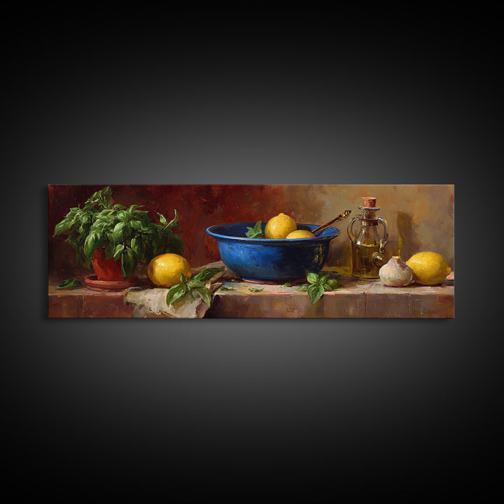 Lemons and Blue Ceramic Bowl Still Life Framed Canvas Print, Kitchen Art, Minimalist Wall Art, Kitchen Decor, Fine Art, Kitchen, KIT-3x1-90