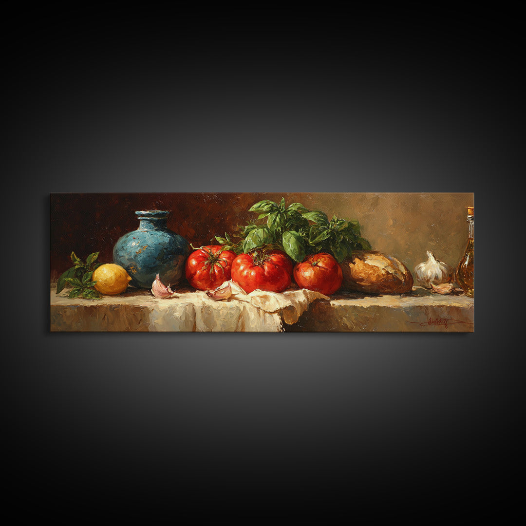 Tomatoes Garlic and Basil on Linen Canvas Print, Kitchen Art, Room Decor, Kitchen Decor, Abstract Art, Kitchen, Digital Art, KIT-3x1-91