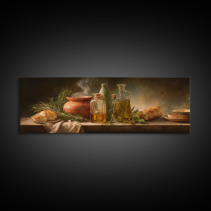Olive Oil Bottle and Rosemary Branch Canvas Print, Kitchen Art, Bar Cart Decor, Kitchen Decor, Oil Painting, Kitchen, KIT-3x1-93