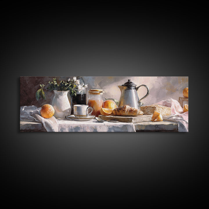 Coffee Pot and Croissant Morning Still Life Canvas Print, Kitchen Art, Textured Painting, Kitchen Decor, Oil Painting, Kitchen, KIT-3x1-95