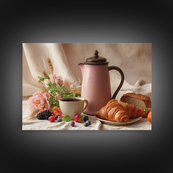 Coffee Pot and Croissant Morning Still Life Canvas Print, Kitchen Art, Coffee Art, Kitchen Decor, Kitchen, Fine Art Print, KIT-3x2-11