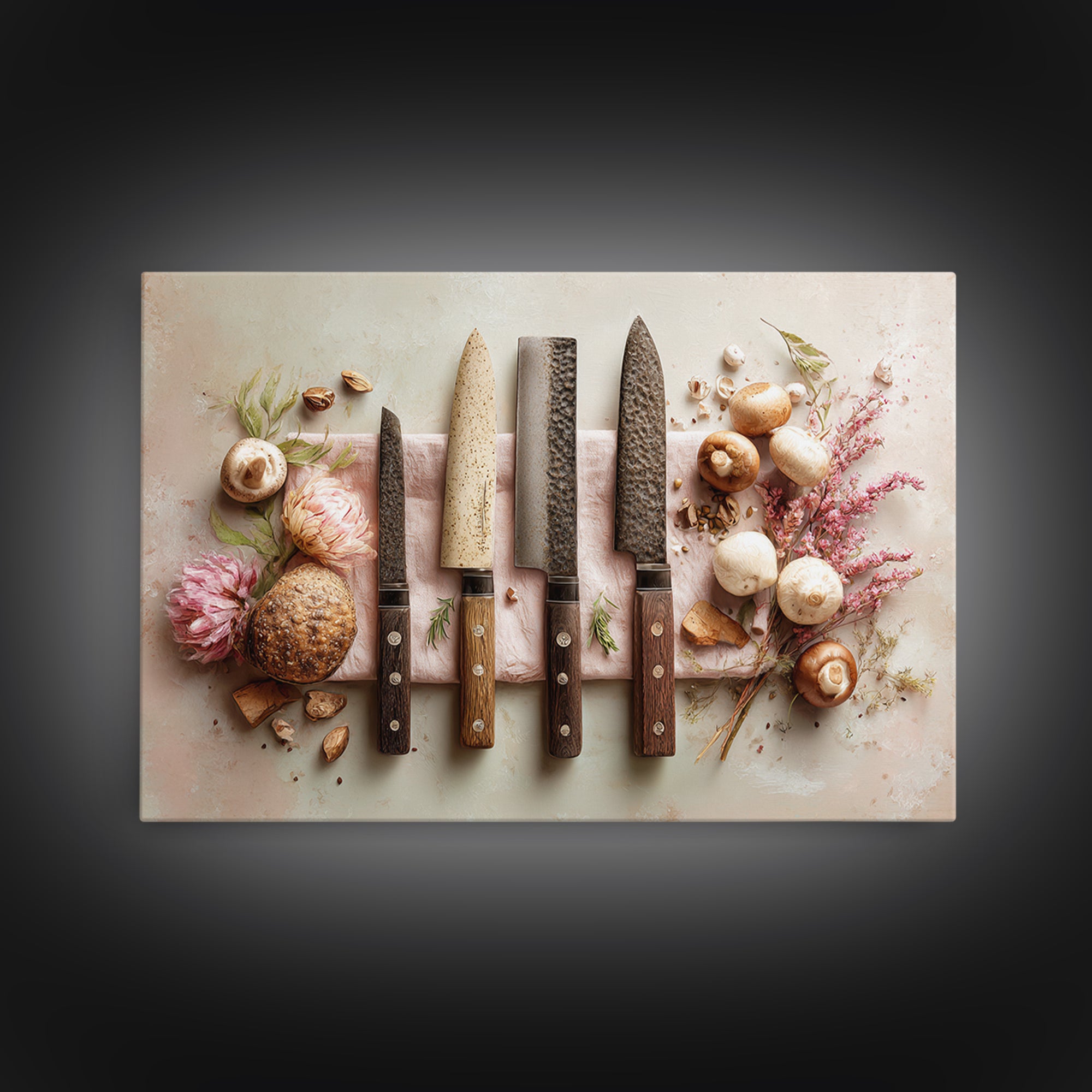 Chef Knives and Herbs Arranged as Graphic Framed Canvas Print, Kitchen Art, Art Prints, Kitchen Decor, Fine Art, Kitchen, KIT-3x2-14