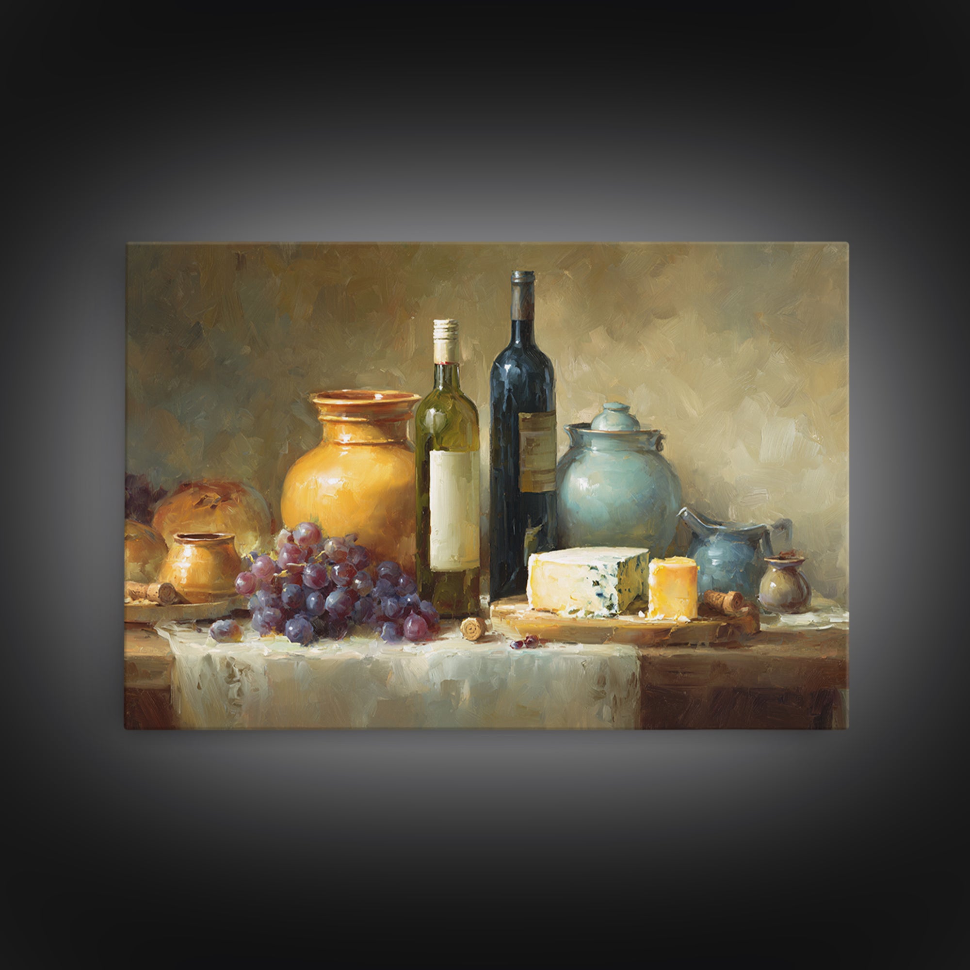 Wine Bottle Grapes and Cheese Still Life Canvas Print, Kitchen Art, Digital Print, Kitchen Decor, Watercolor Art, Kitchen, KIT-3x2-16