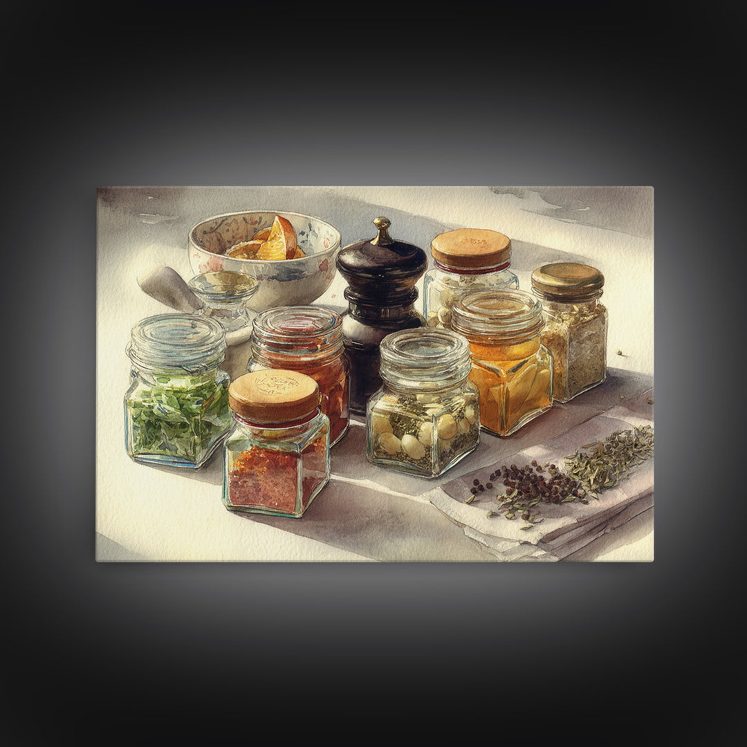 Watercolor Spice Jars Without Readable Labels Canvas Print, Kitchen Art, Kitchen Decor, Fine Art, Kitchen, Kitchen Art Print, KIT-3x2-17