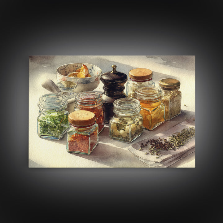 Watercolor Spice Jars Without Readable Labels Canvas Print, Kitchen Art, Kitchen Decor, Fine Art, Kitchen, Kitchen Art Print, KIT-3x2-17