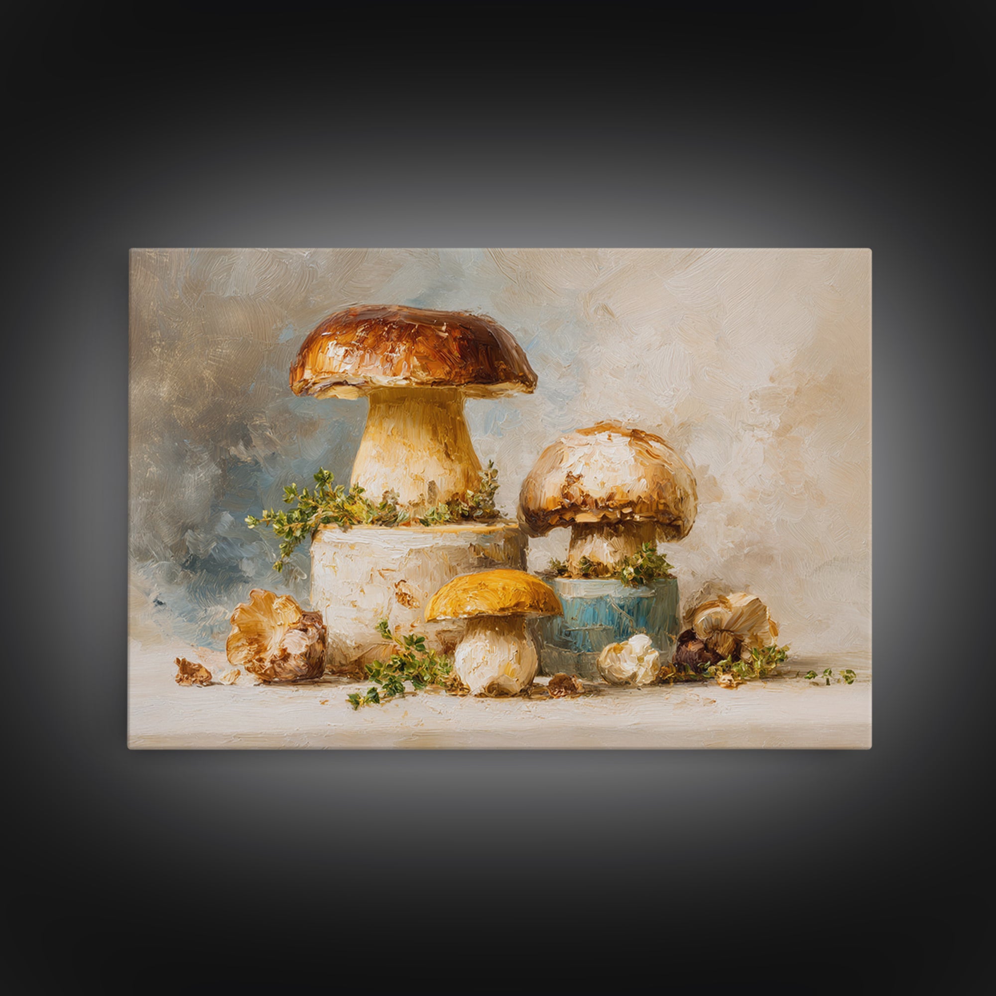 Mushrooms and Thyme Botanical Study Framed Canvas Print, Kitchen Art, Poster Art, Kitchen Decor, Fine Art, Kitchen, Boho Decor, KIT-3x2-19