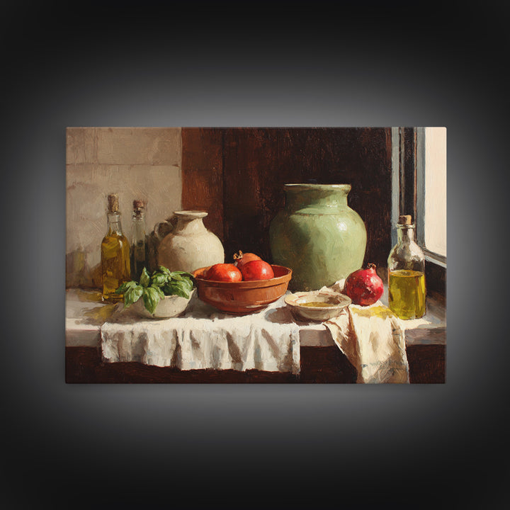 Figs Pomegranates and Linen Composition Framed Canvas Print, Kitchen Art, Wall Decor, Kitchen Decor, Abstract Art, Kitchen, KIT-3x2-2
