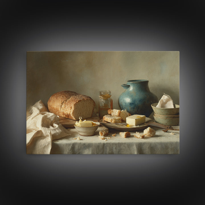Fresh Bread with Butter and Honey Canvas Print, Kitchen Art, Printable Wall Art, Kitchen Decor, Oil Painting, Kitchen, KIT-3x2-22