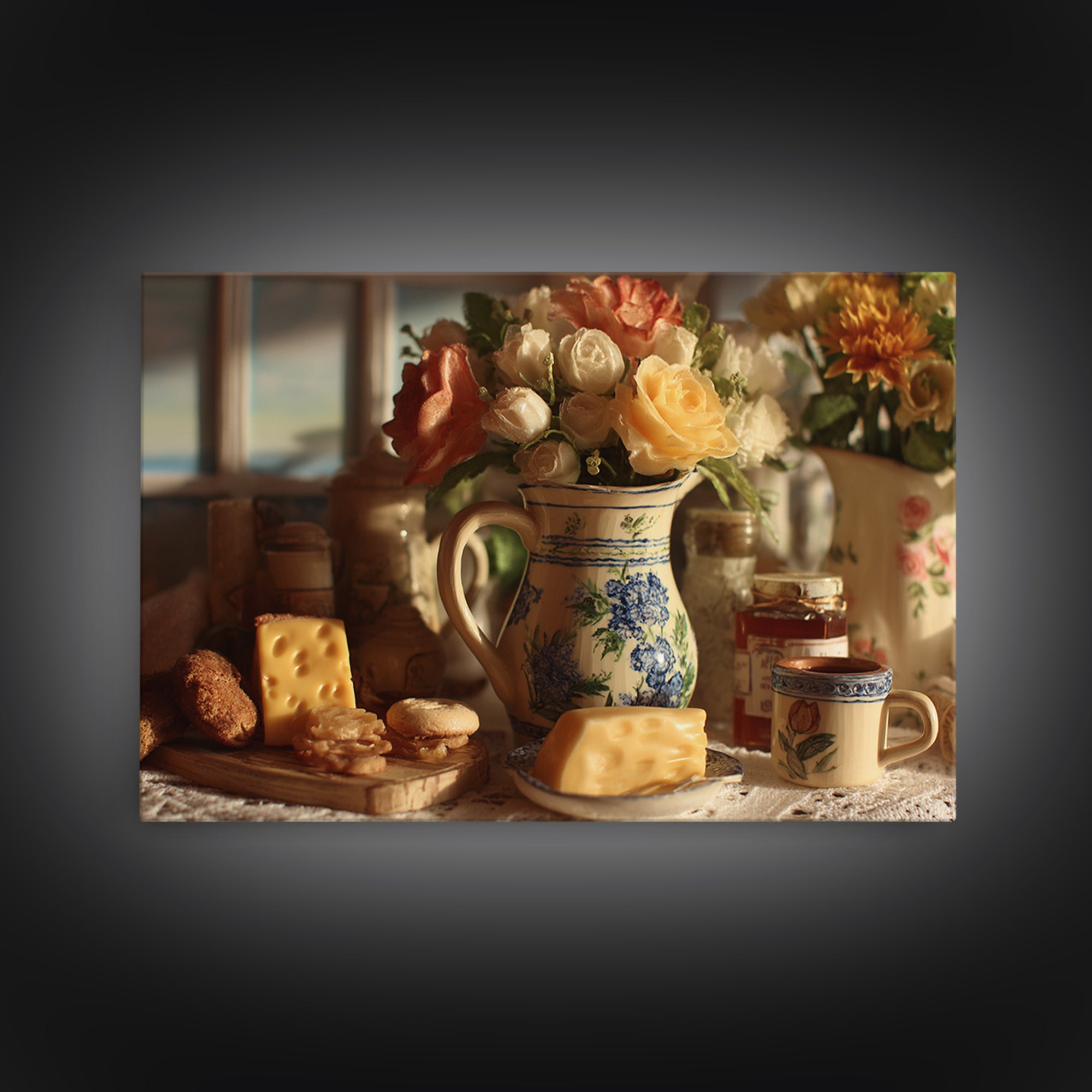 Floral Bouquet in a Kitchen Pitcher Framed Canvas Print, Kitchen Art, Art Deco, Kitchen Decor, Fine Art, Kitchen, Poster Art, KIT-3x2-28