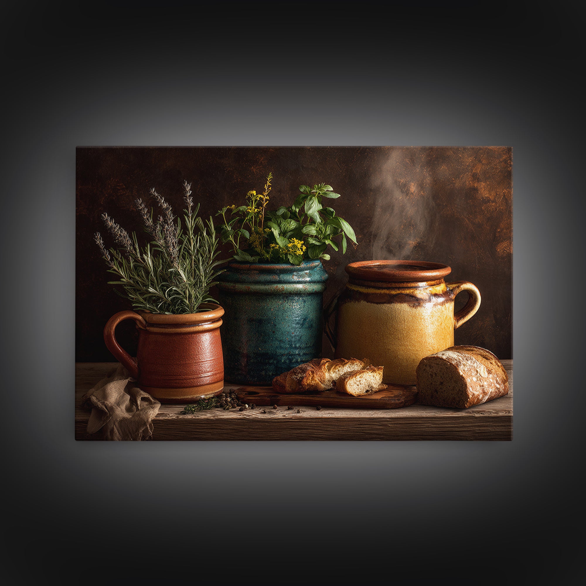 Fresh Herbs in Terracotta Pots Canvas Print, Kitchen Art, Dining Room Wall Art, Kitchen Decor, Fine Art, Kitchen, Luxury Decor, KIT-3x2-29