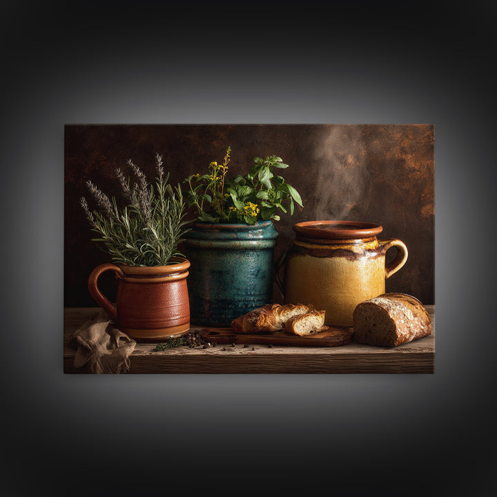 Fresh Herbs in Terracotta Pots Canvas Print, Kitchen Art, Dining Room Wall Art, Kitchen Decor, Fine Art, Kitchen, Luxury Decor, KIT-3x2-29