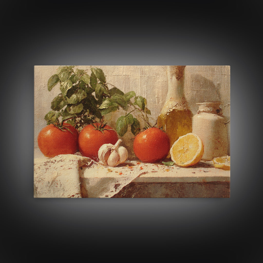 Tomatoes Garlic and Basil on Linen Framed Canvas Print, Kitchen Art, Trendy Wall Art, Kitchen Decor, Abstract Art, Kitchen, KIT-3x2-31