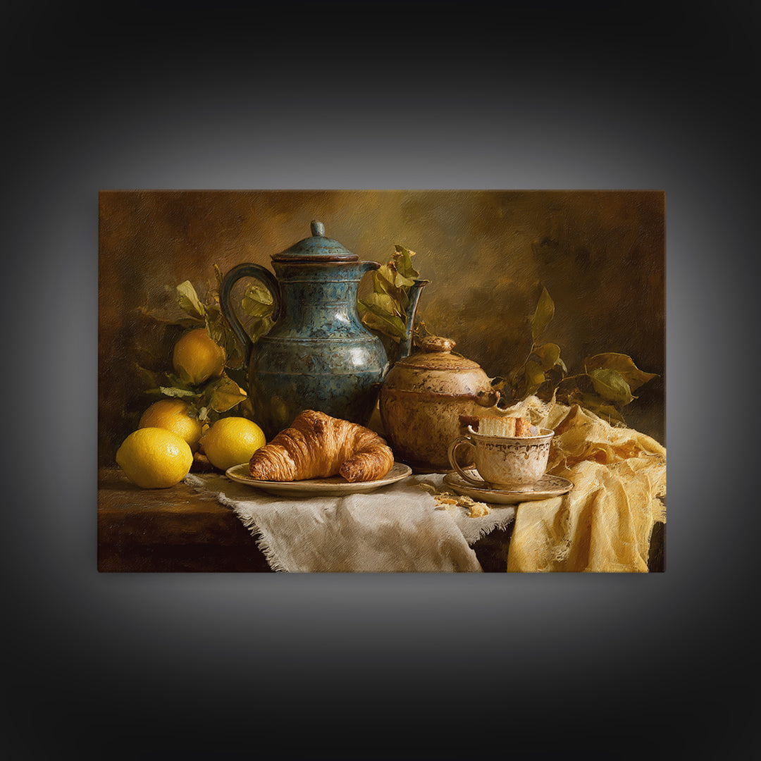 Coffee Pot and Croissant Morning Still Life Framed Canvas Print, Kitchen Art, Coffee Wall Art, Kitchen Decor, Fine Art, Kitchen, KIT-3x2-35