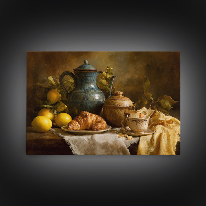 Coffee Pot and Croissant Morning Still Life Framed Canvas Print, Kitchen Art, Coffee Wall Art, Kitchen Decor, Fine Art, Kitchen, KIT-3x2-35