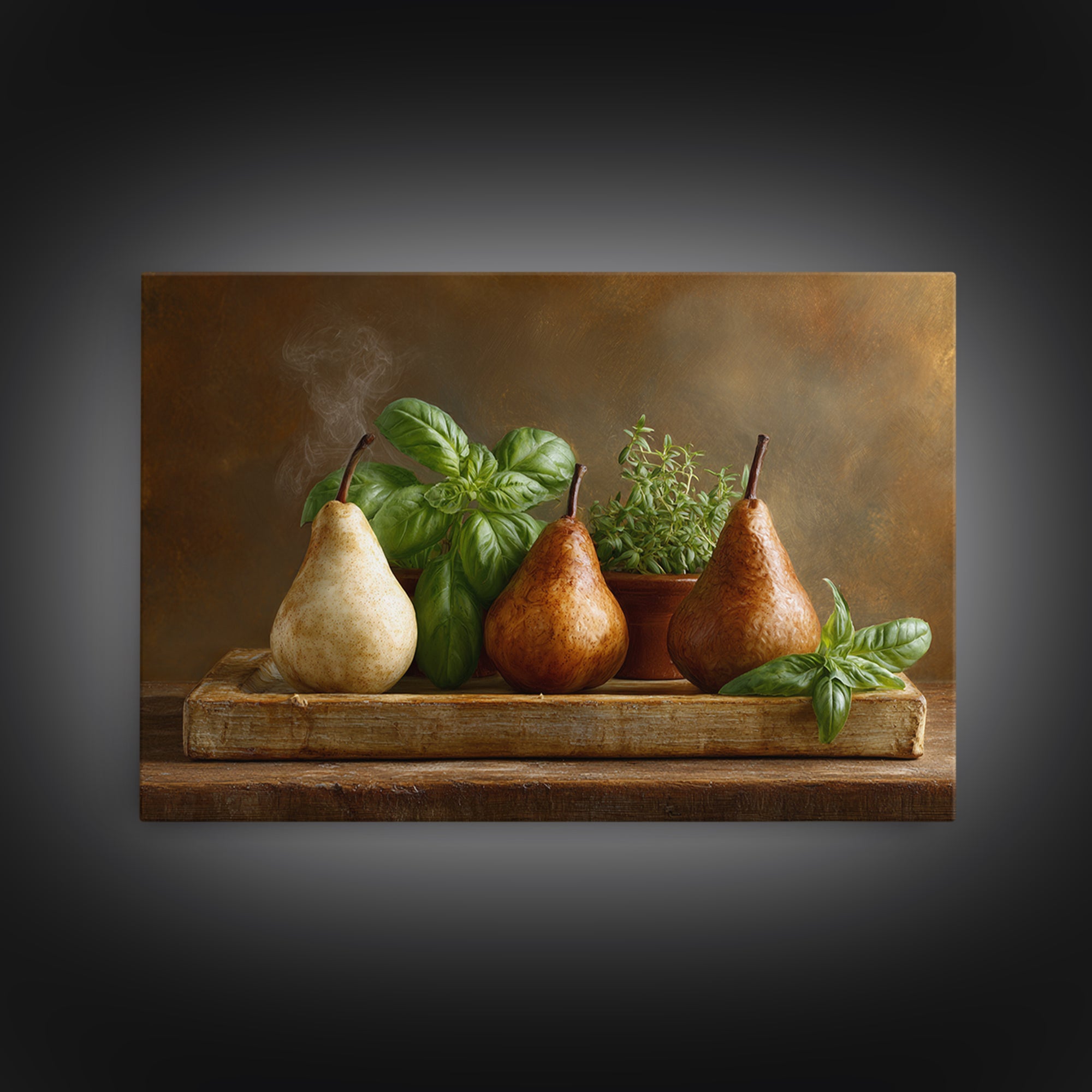 Farmhouse Pears on a Wooden Board Canvas Print, Kitchen Art, Coffee Art, Kitchen Decor, Oil Painting, Kitchen, Fine Art Print, KIT-3x2-37