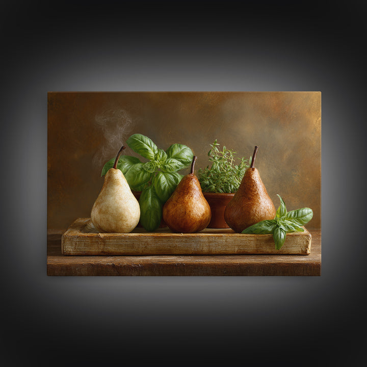 Farmhouse Pears on a Wooden Board Canvas Print, Kitchen Art, Coffee Art, Kitchen Decor, Oil Painting, Kitchen, Fine Art Print, KIT-3x2-37