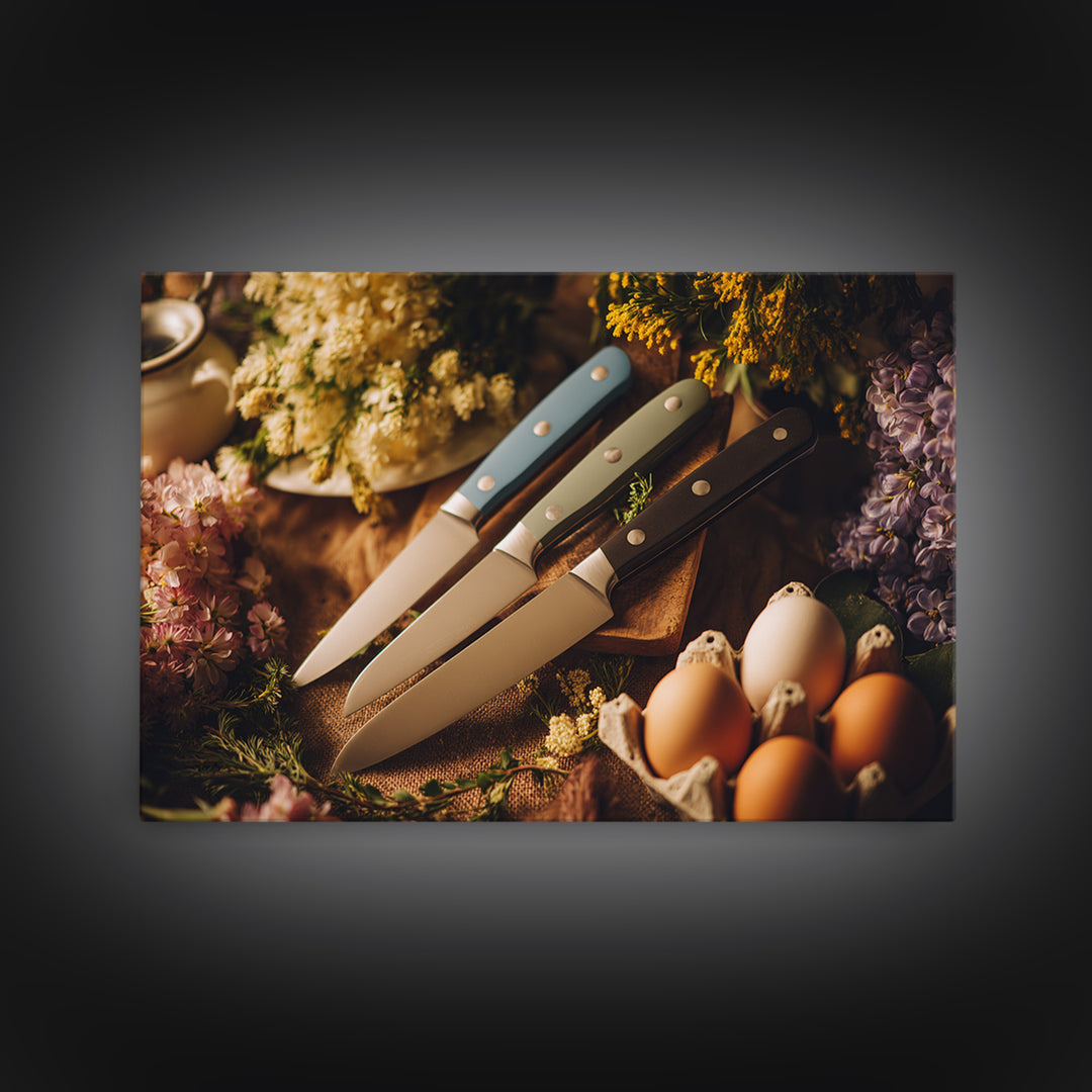 Chef Knives and Herbs Arranged as Graphic Canvas Print, Kitchen Art, Kitchen Wall Art, Kitchen Decor, Fine Art, Kitchen, KIT-3x2-38