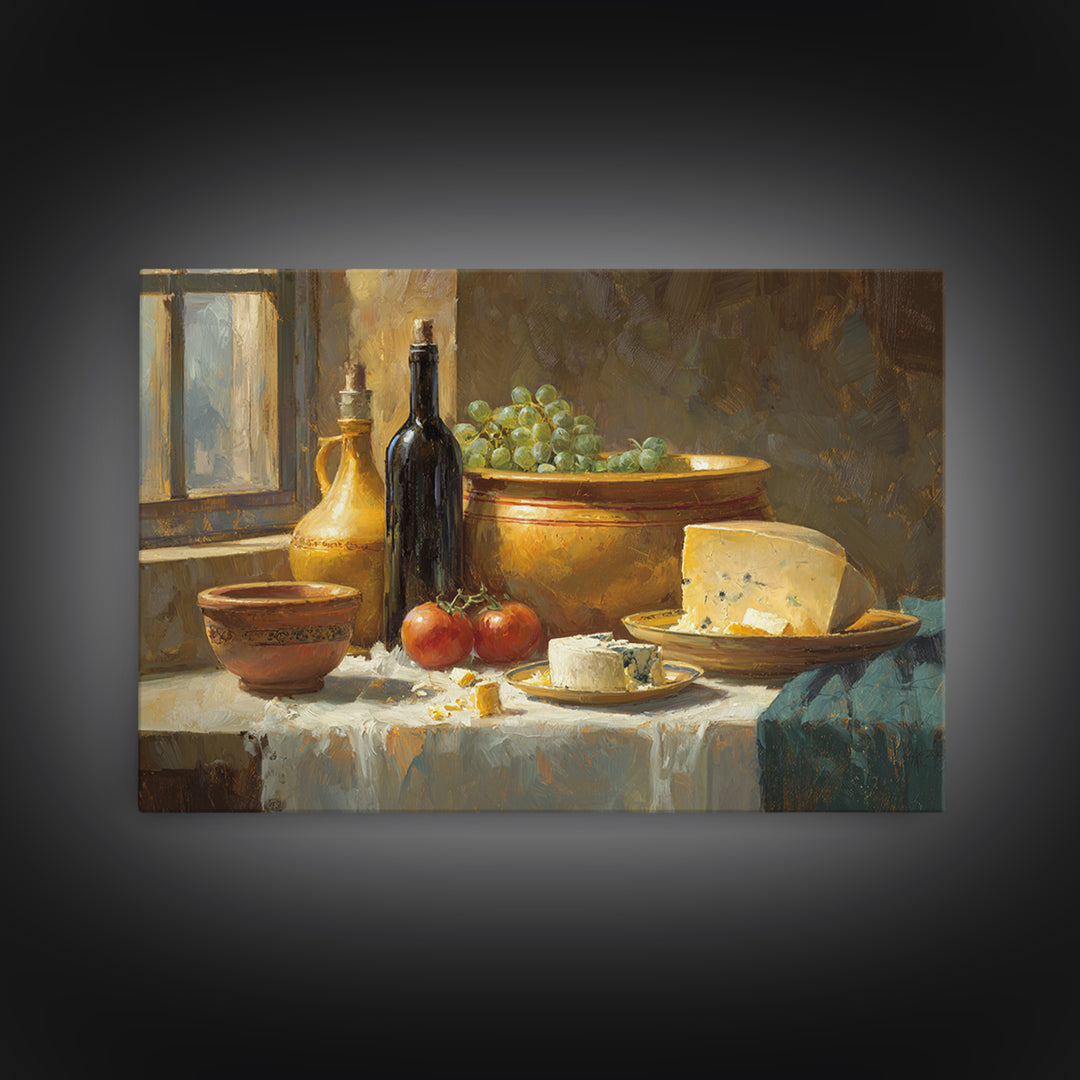 Wine Bottle Grapes and Cheese Still Life Framed Canvas Print, Kitchen Art, Modern Art, Kitchen Decor, Oil Painting, Kitchen, KIT-3x2-40