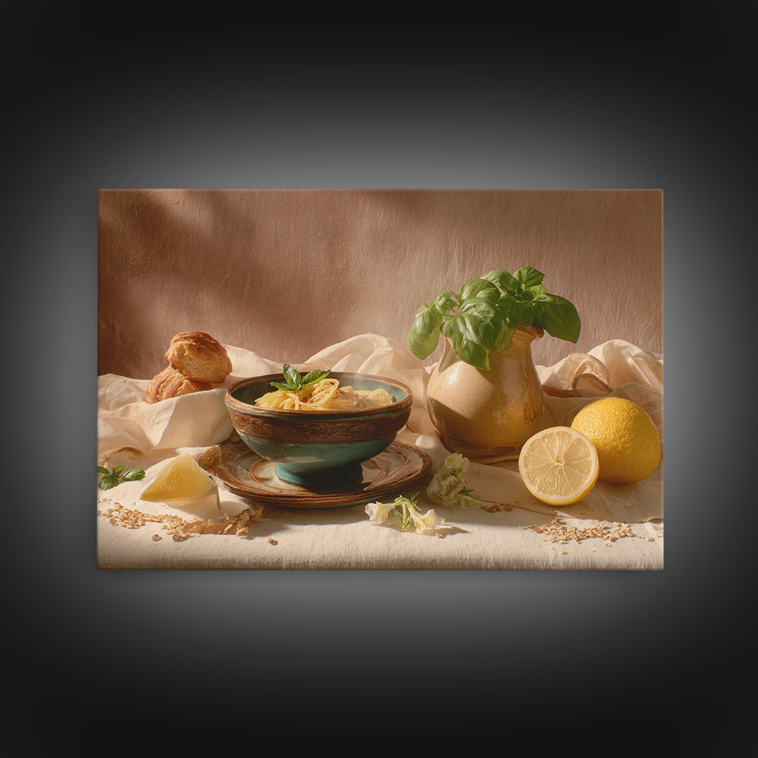 Pasta Lemons and Basil Mediterranean Still Life Framed Canvas Print, Kitchen Art, Poster Art, Kitchen Decor, Fine Art, Kitchen, KIT-3x2-45