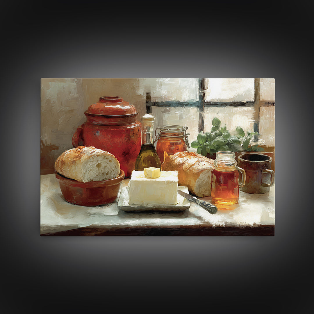 Fresh Bread with Butter and Honey Framed Canvas Print, Kitchen Art, Printable Art, Kitchen Decor, Kitchen, Coffee Wall Art, KIT-3x2-46