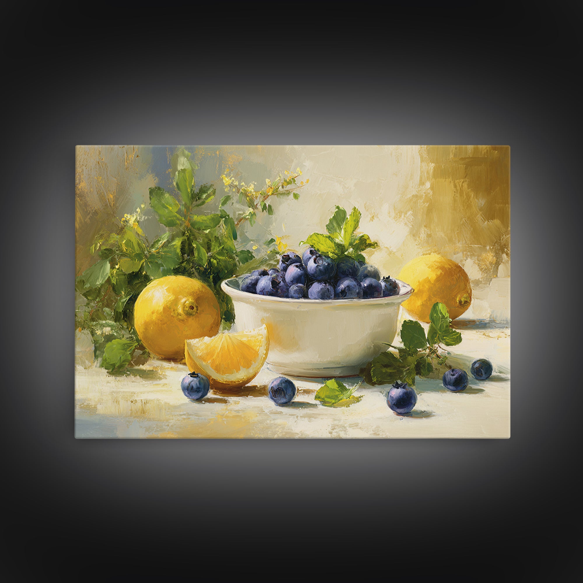 Blueberries in a White Bowl Framed Canvas Print, Kitchen Art, Room Decor, Kitchen Decor, Oil Painting, Kitchen, Digital Art, KIT-3x2-47