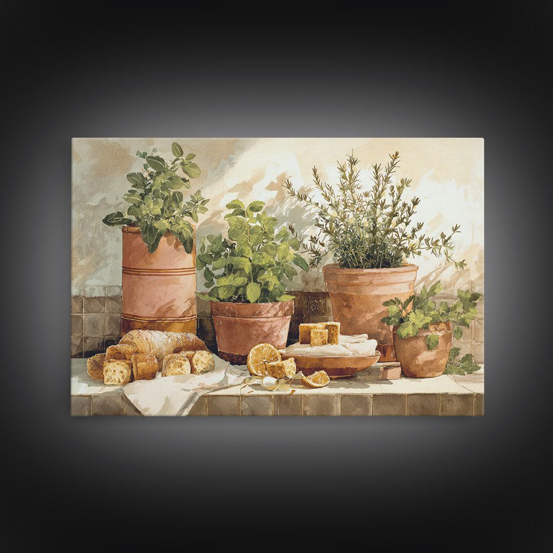 Fresh Herbs in Terracotta Pots Framed Canvas Print, Kitchen Art, Modern Art, Kitchen Decor, Fine Art, Kitchen, Neutral Decor, KIT-3x2-5