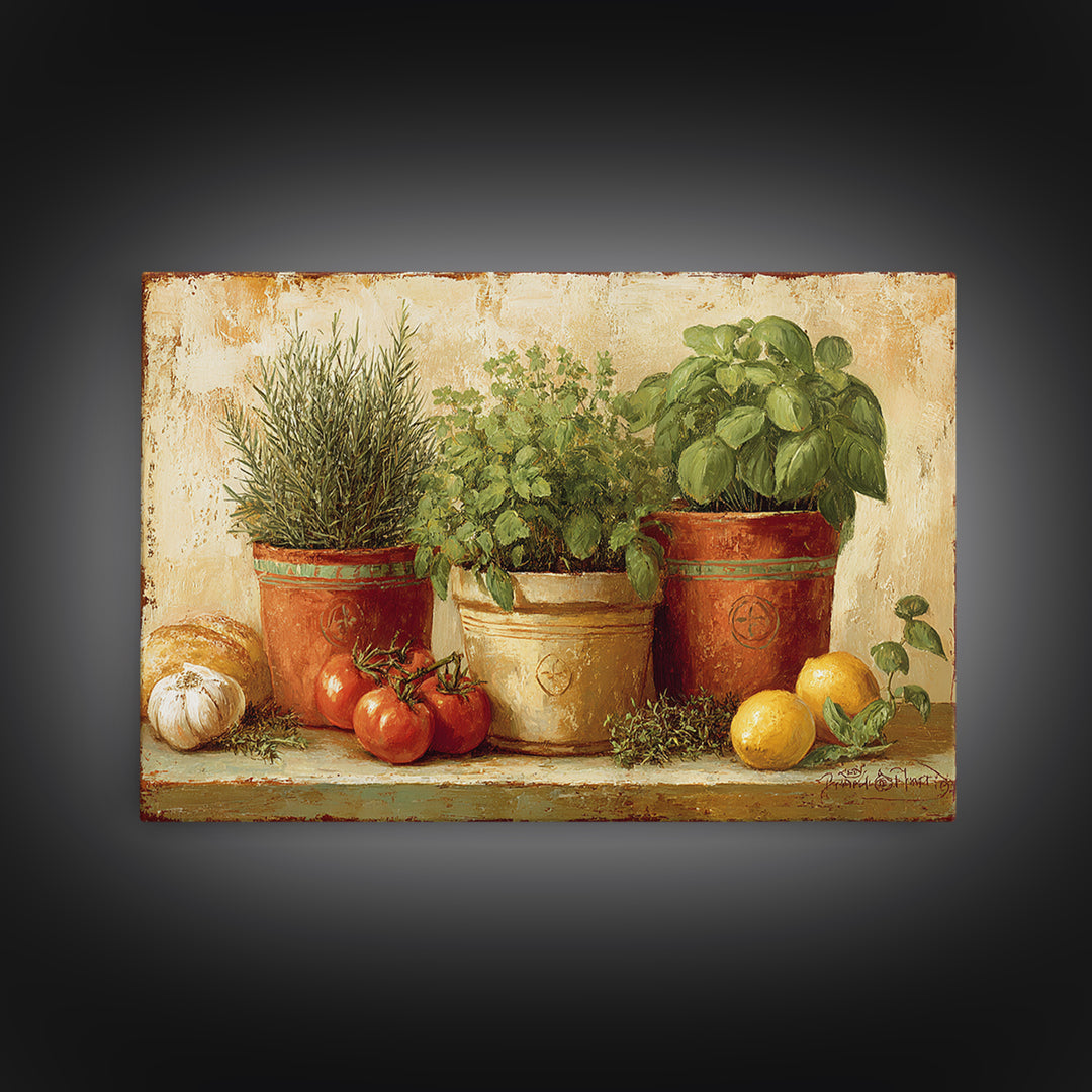 Fresh Herbs in Terracotta Pots Canvas Print, Kitchen Art, Dining Room Wall Art, Kitchen Decor, Fine Art, Kitchen, Luxury Decor, KIT-3x2-53