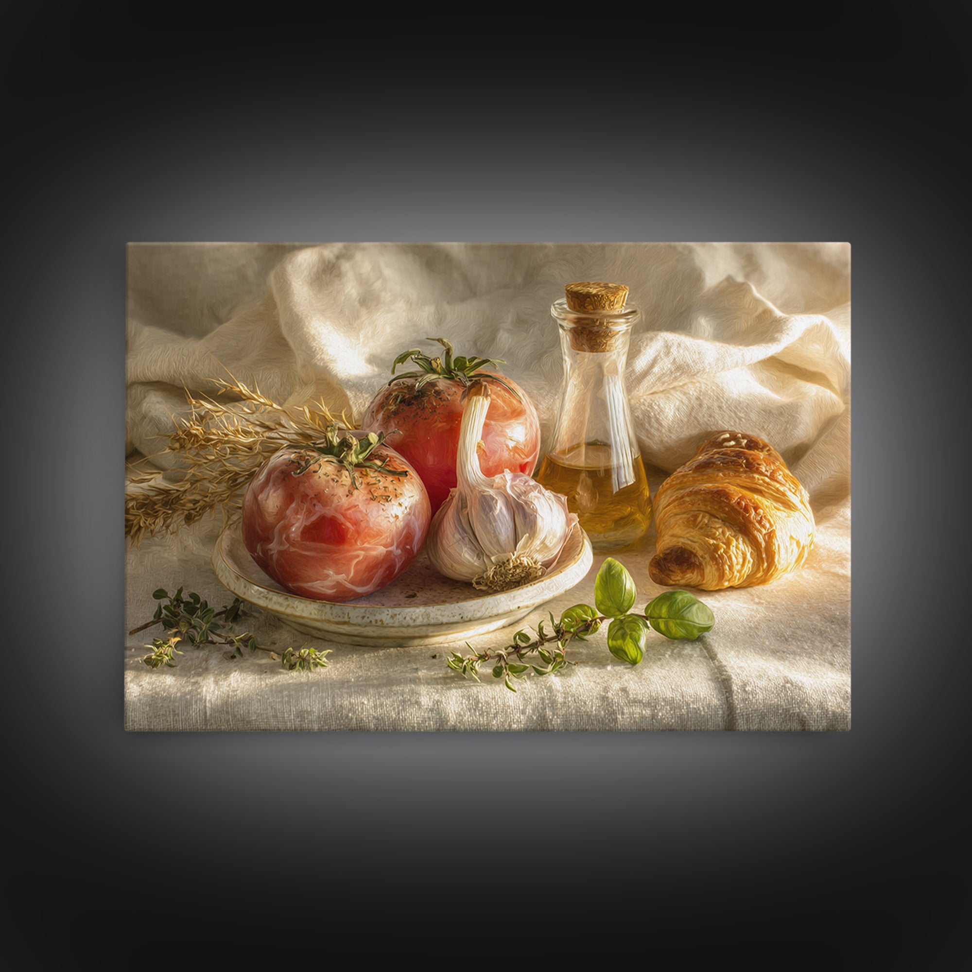 Tomatoes Garlic and Basil on Linen Framed Canvas Print, Kitchen Art, Kitchen, Kitchen Decor, Abstract Art, Kitchen, KIT-3x2-55