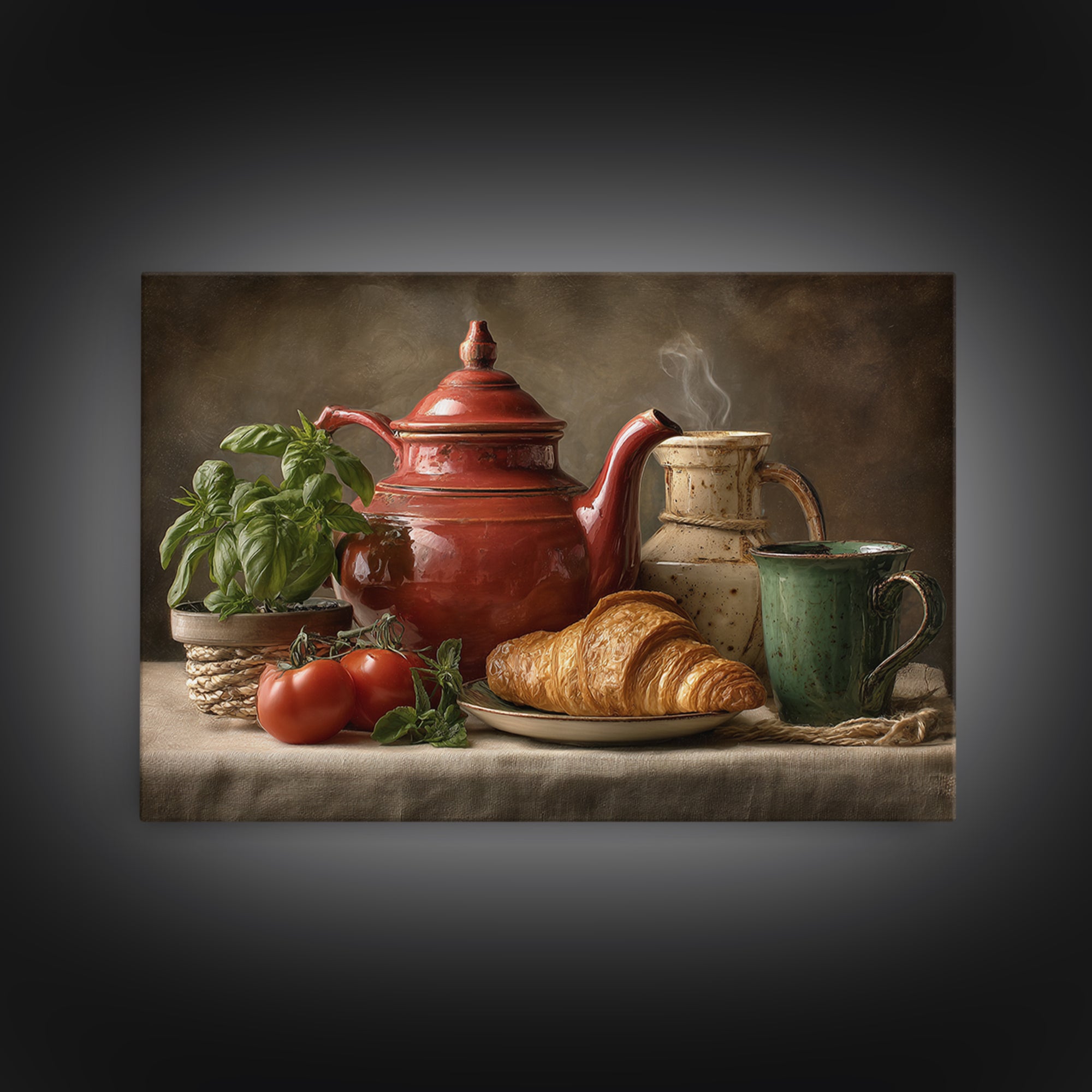 Coffee Pot and Croissant Morning Still Life Framed Canvas Print, Kitchen Art, Art Print, Kitchen Decor, Oil Painting, Kitchen, KIT-3x2-59