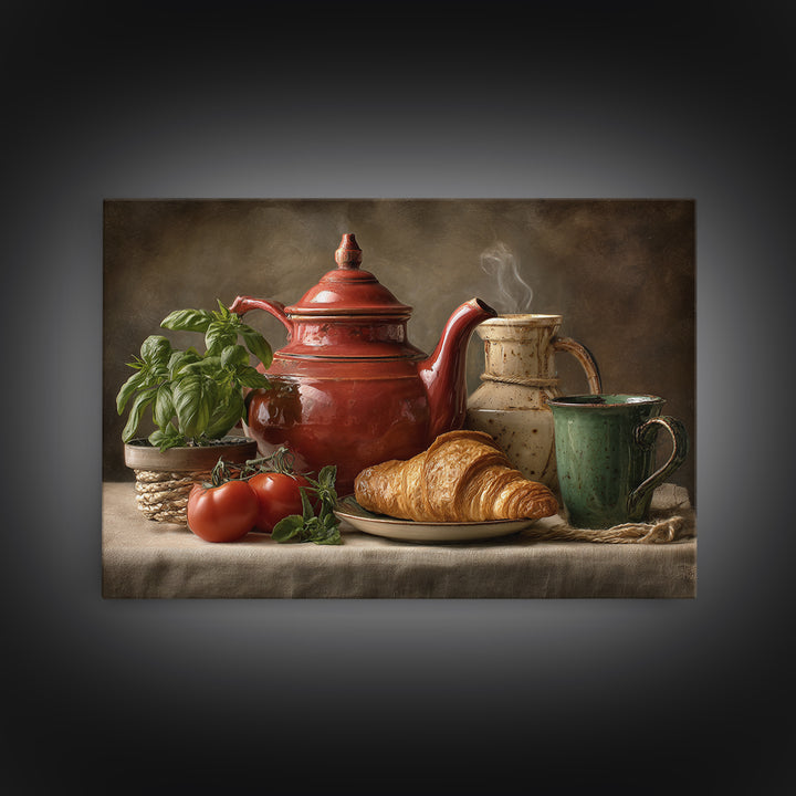 Coffee Pot and Croissant Morning Still Life Framed Canvas Print, Kitchen Art, Art Print, Kitchen Decor, Oil Painting, Kitchen, KIT-3x2-59