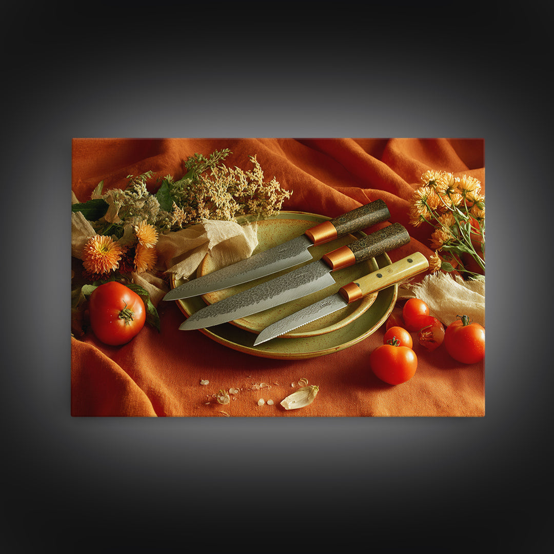 Chef Knives and Herbs Arranged as Graphic Canvas Print, Kitchen Art, Kitchen Wall Art, Kitchen Decor, Fine Art, Kitchen, KIT-3x2-62