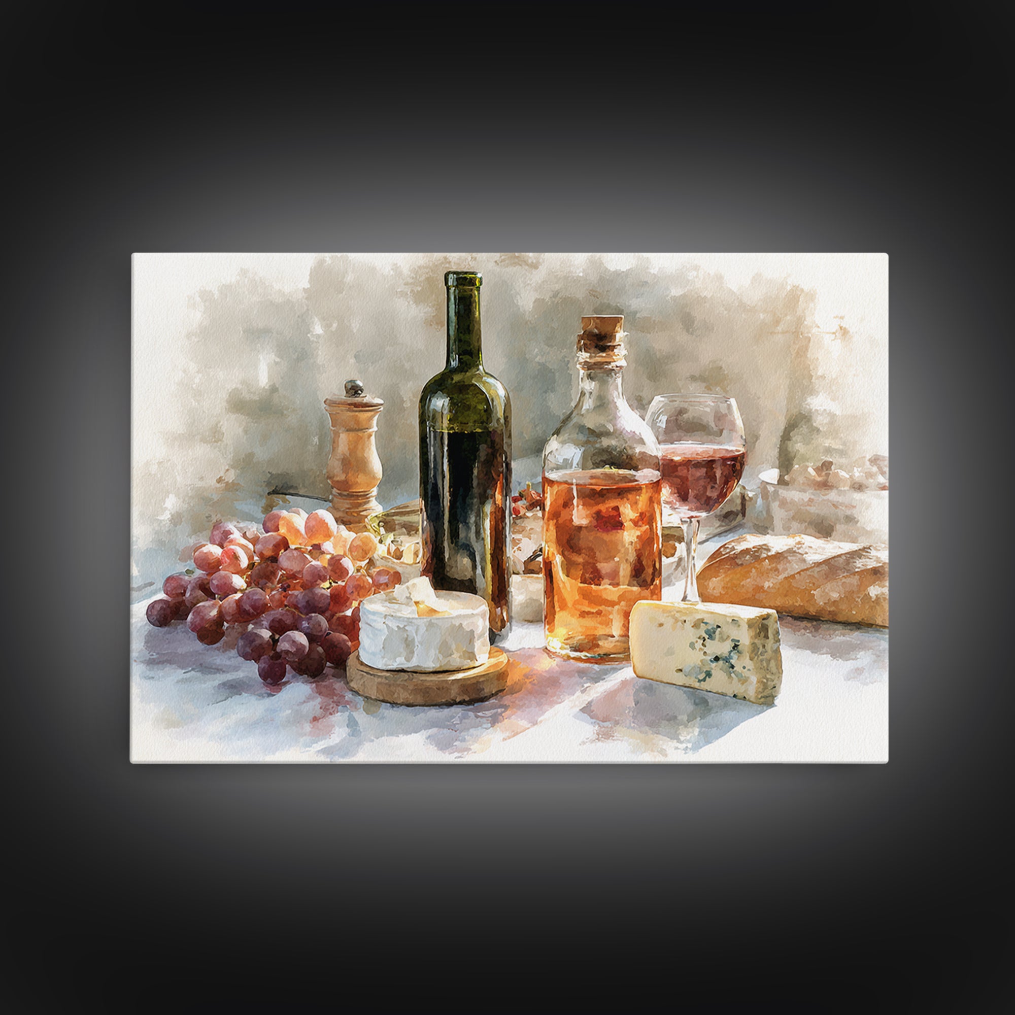 Wine Bottle Grapes and Cheese Still Life Framed Canvas Print, Kitchen Art, Gallery Decor, Kitchen Decor, Abstract Art, Kitchen, KIT-3x2-64