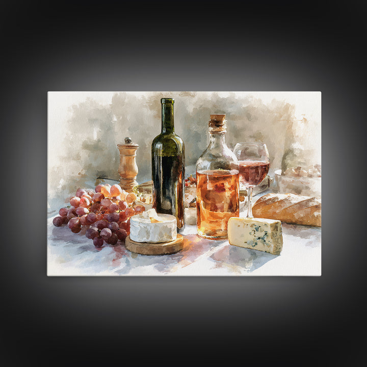 Wine Bottle Grapes and Cheese Still Life Framed Canvas Print, Kitchen Art, Gallery Decor, Kitchen Decor, Abstract Art, Kitchen, KIT-3x2-64