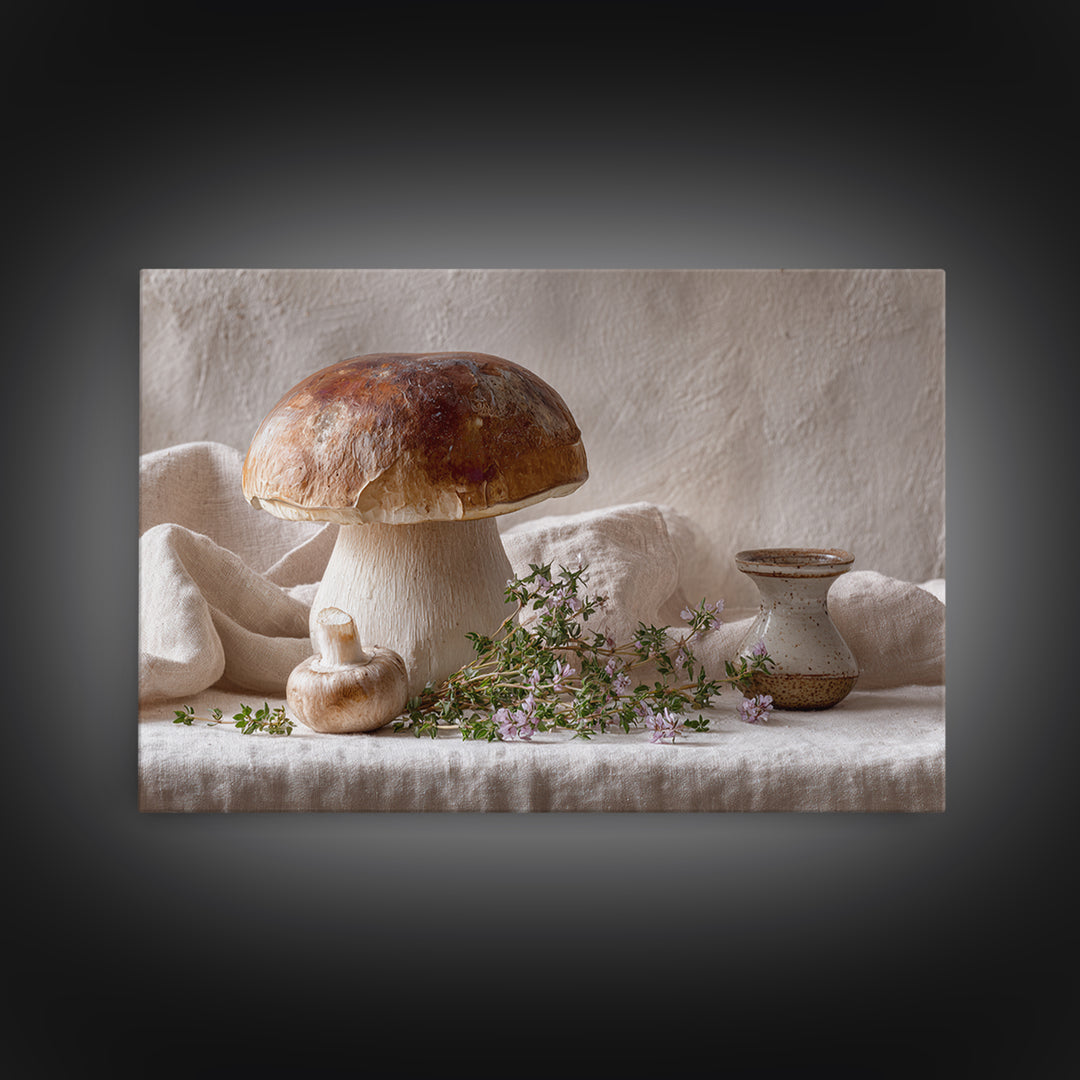 Mushrooms and Thyme Botanical Study Canvas Print, Kitchen Art, Textured Painting, Kitchen Decor, Watercolor Art, Kitchen, KIT-3x2-67