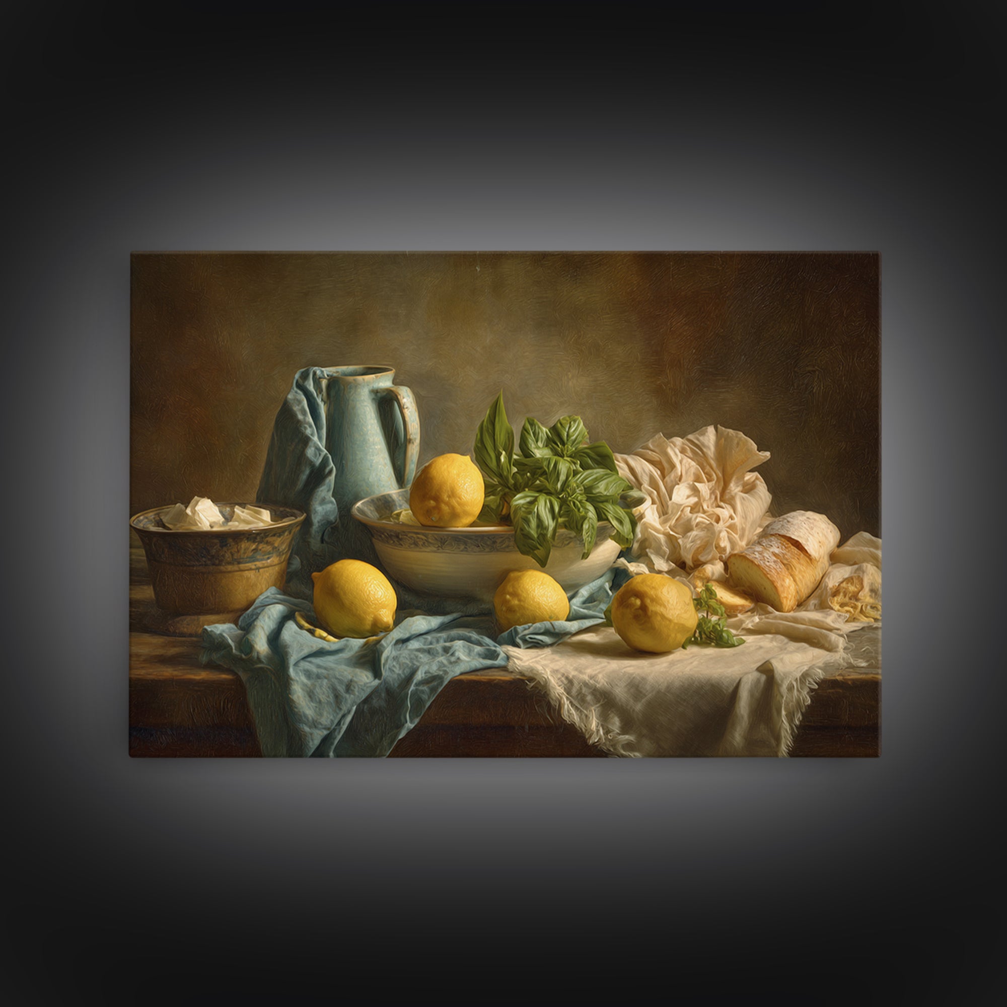 Pasta Lemons and Basil Mediterranean Still Life Framed Canvas Print, Kitchen Art, Poster Art, Kitchen Decor, Fine Art, Kitchen, KIT-3x2-69