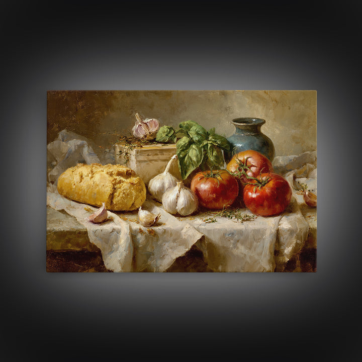 Tomatoes Garlic and Basil on Linen Framed Canvas Print, Kitchen Art, Home Decor, Kitchen Decor, Fine Art, Kitchen, KIT-3x2-7