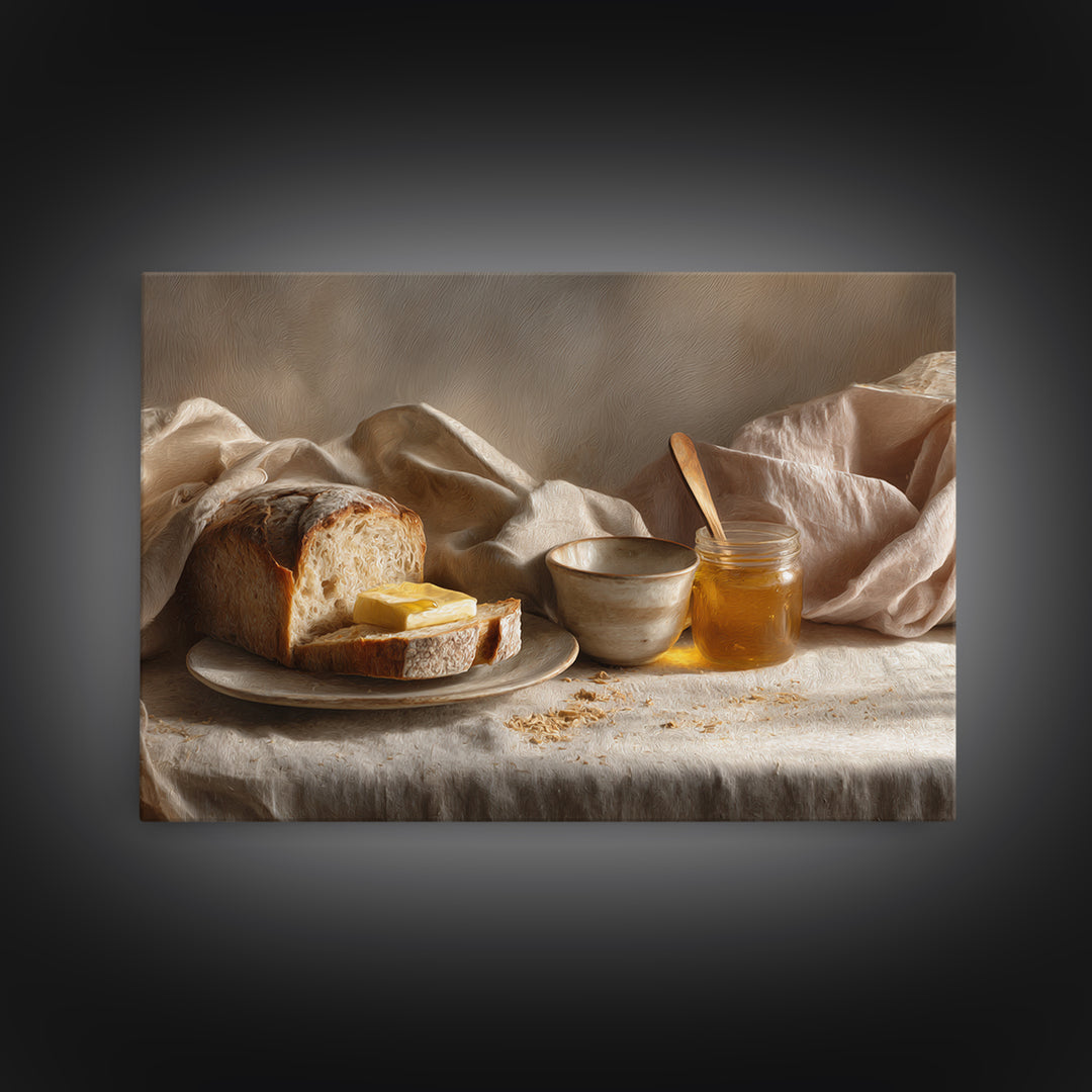 Fresh Bread with Butter and Honey Framed Canvas Print, Kitchen Art, Printable Art, Kitchen Decor, Kitchen, Coffee Wall Art, KIT-3x2-70