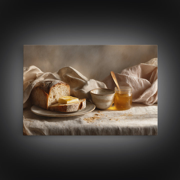 Fresh Bread with Butter and Honey Framed Canvas Print, Kitchen Art, Printable Art, Kitchen Decor, Kitchen, Coffee Wall Art, KIT-3x2-70