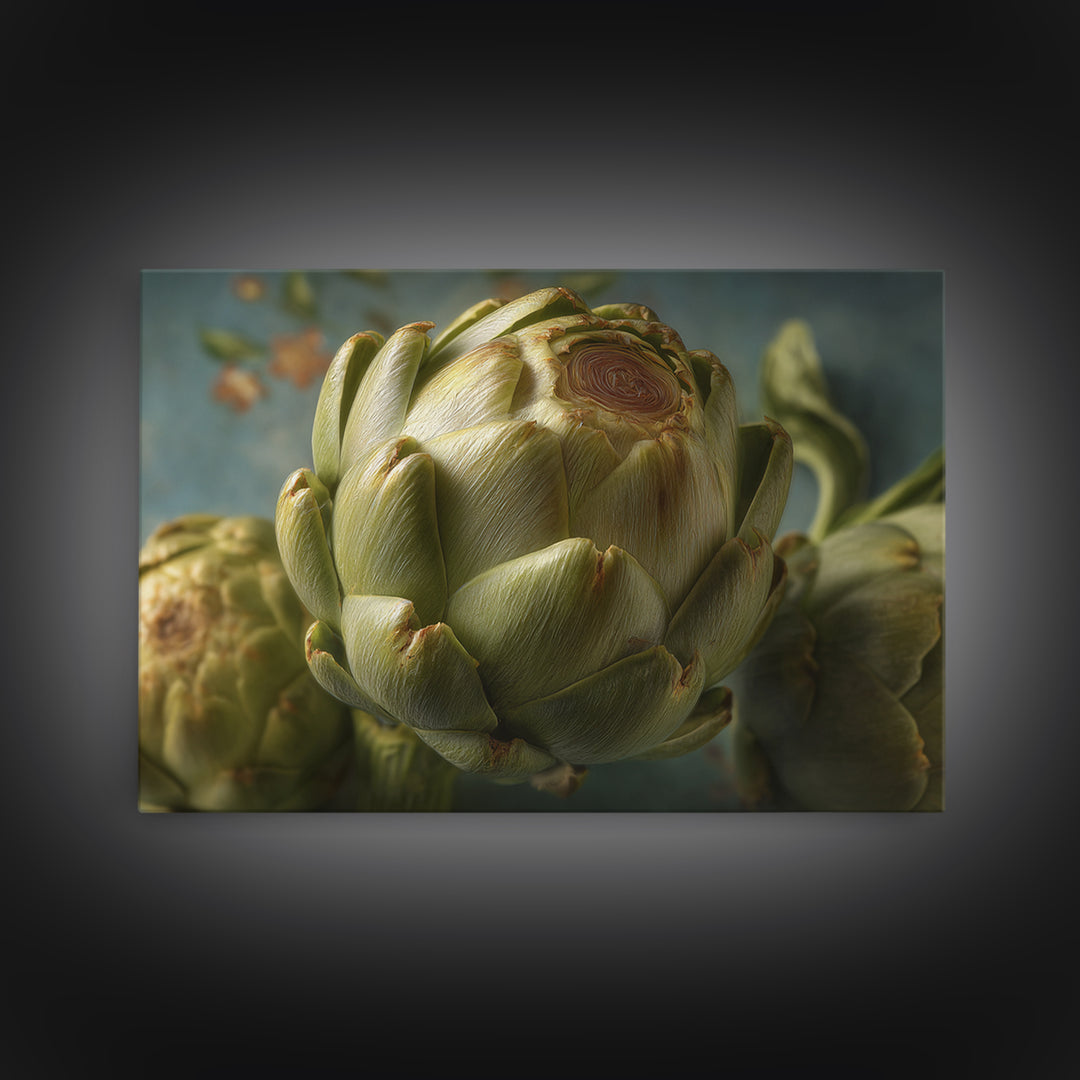Artichoke Closeup in Painterly Green Tones Canvas Print, Kitchen Art, Modern Decor, Kitchen Decor, Fine Art, Kitchen, KIT-3x2-72