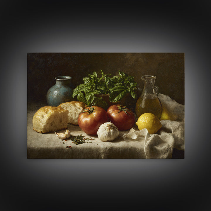 Tomatoes Garlic and Basil on Linen Framed Canvas Print, Kitchen Art, Kitchen Print, Kitchen Decor, Abstract Art, Kitchen, KIT-3x2-79